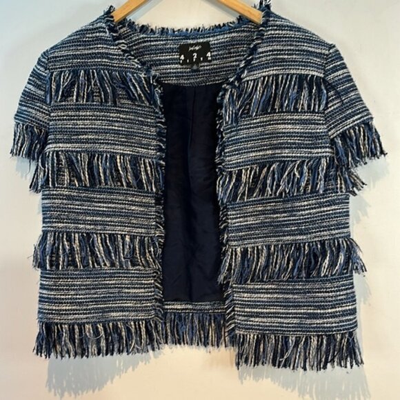 424 Fifth Lord&Taylor blue/white tweed fringe short sleeve jacket/blazer size 6 - Picture 7 of 11